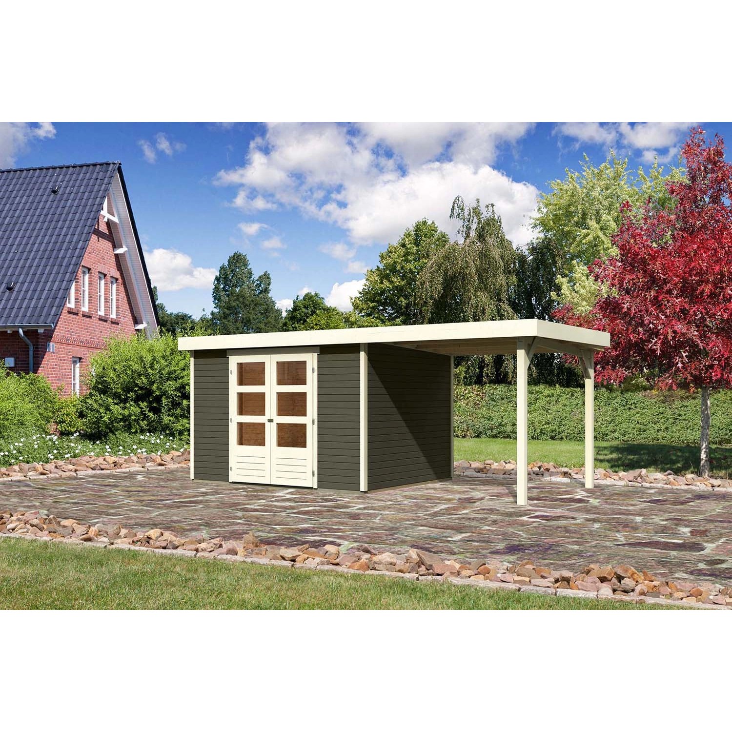 Karibu Holz-Gartenhaus Boras Terragrau Flachdach Lackiert 298 cm x 242 cm günstig online kaufen