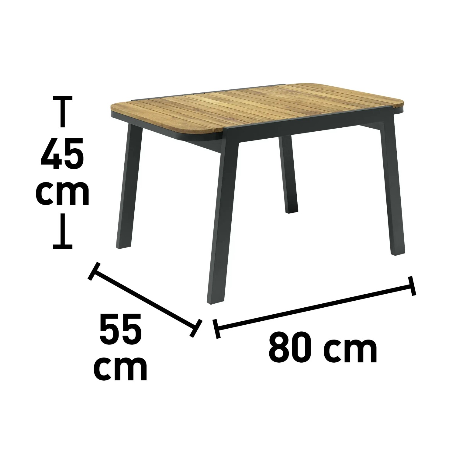Tisch des Lounge-Sets Olary: Akazienholzplatte, schwarzes Aluminiumgestell, Maße 45x55x80 cm.