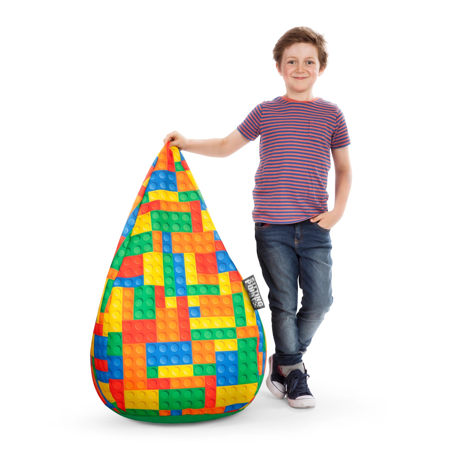 Bunter Sitting Point Sitzsack Bricks, 120 l, mit Kind. Ideal für Kinderzimmer.
