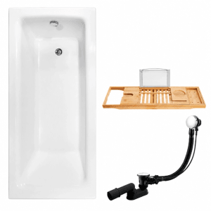 Weiße Rechteckbadewanne 130x70 cm aus Acryl mit Bambus Badewannenablage und Ablaufgarnitur. Ideal für Ihr Bad.