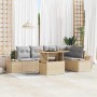 Beige-graue 6-tlg. vidaXL Garten Essgruppe mit Kissen aus Polyrattan, Stahl und Akazienholz.