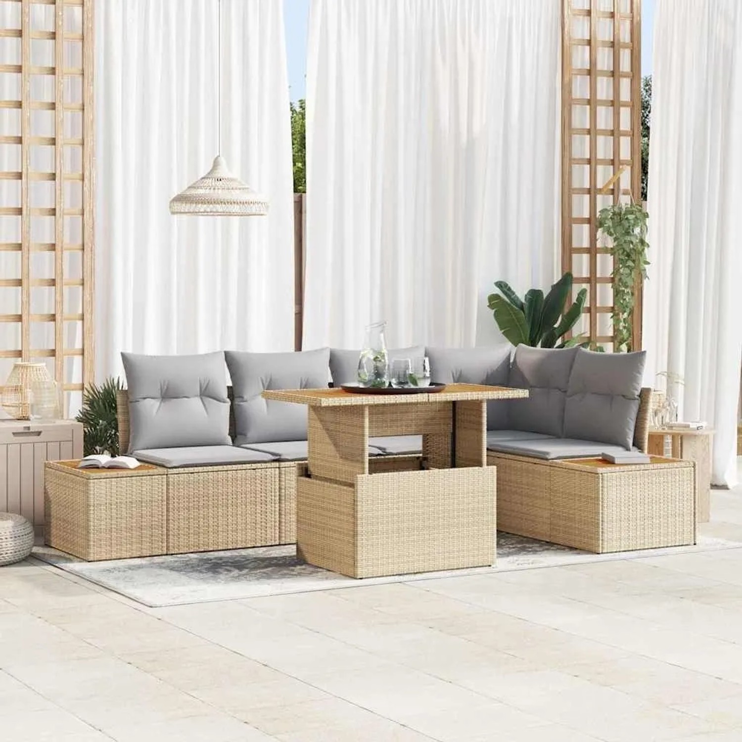 Beige-graue 6-tlg. vidaXL Garten Essgruppe mit Kissen aus Polyrattan, Stahl und Akazienholz.