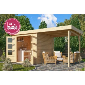 Karibu Holz-Gartenhaus Speedy B mit Flachdach und Schleppdach. Naturbelassenes Holz, mit Arbeitsbereich und überdachter Terrasse.
