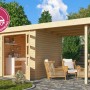 Karibu Holz-Gartenhaus Speedy B mit Flachdach und Schleppdach. Naturbelassenes Holz, mit Arbeitsbereich und überdachter Terrasse.
