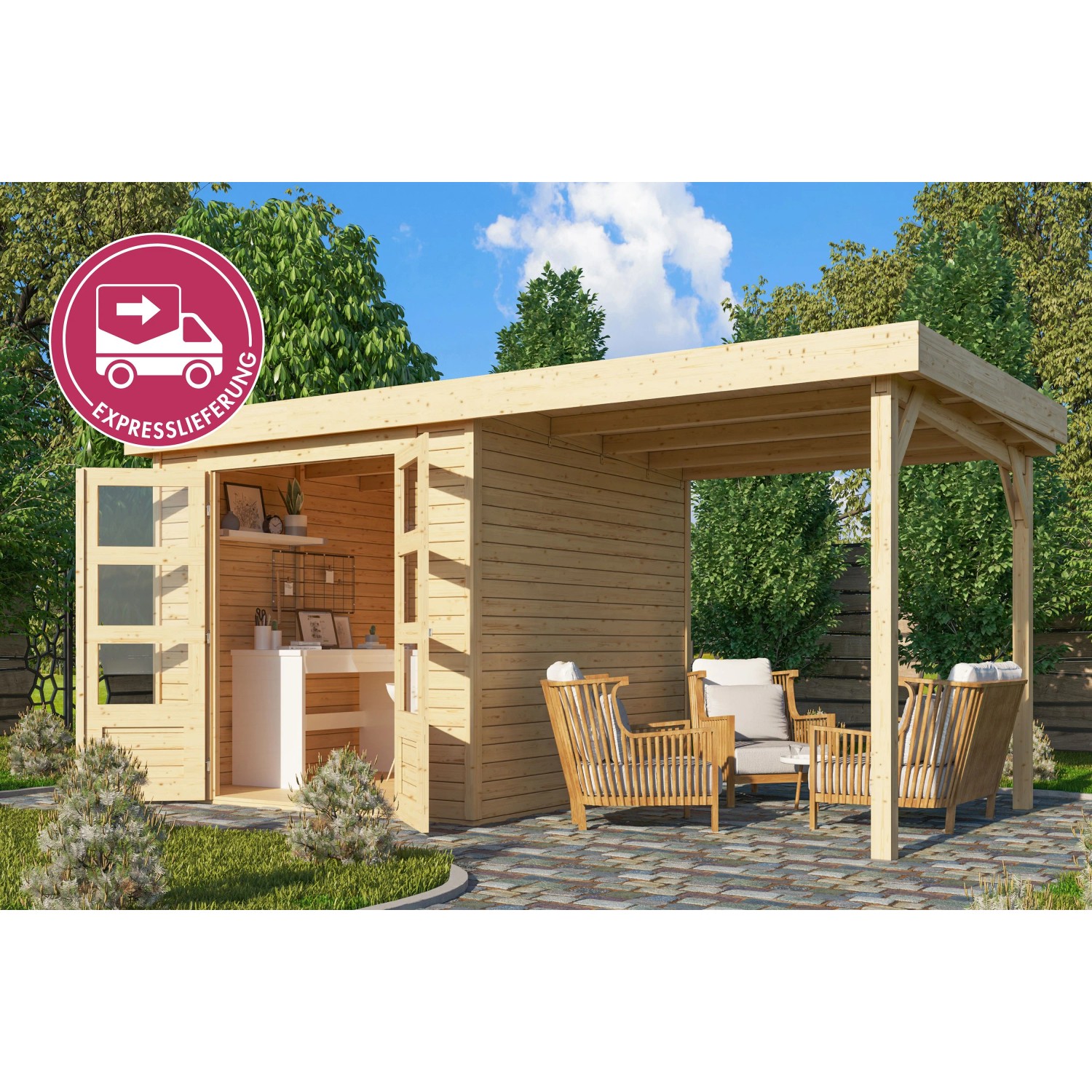 Karibu Express Gartenhaus Speedy B Set Naturbelassen 462 cm x 217 cm Schleppdach