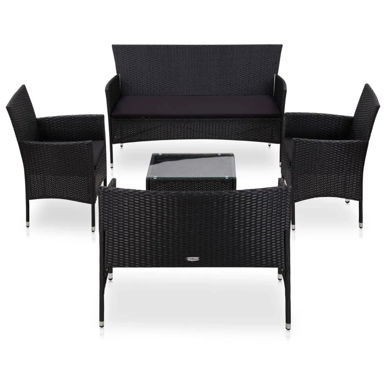 Schwarzes 5-tlg. vidaXL Garten-Lounge-Set aus Rattan mit Auflagen.