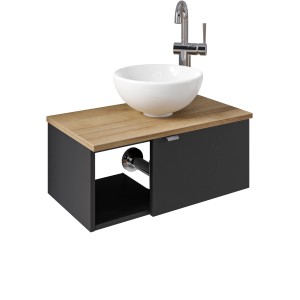 Pelipal Einzelwaschtisch Serie 6915, 61 cm, Schwarz mit Aufsatzwaschbecken und Armatur.