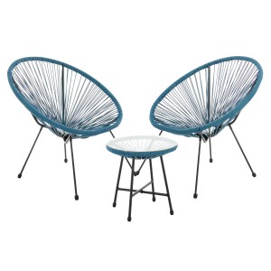 Svita Bali Gartenmöbel Set mit 2 blauen Sesseln und Tisch mit Glasplatte.