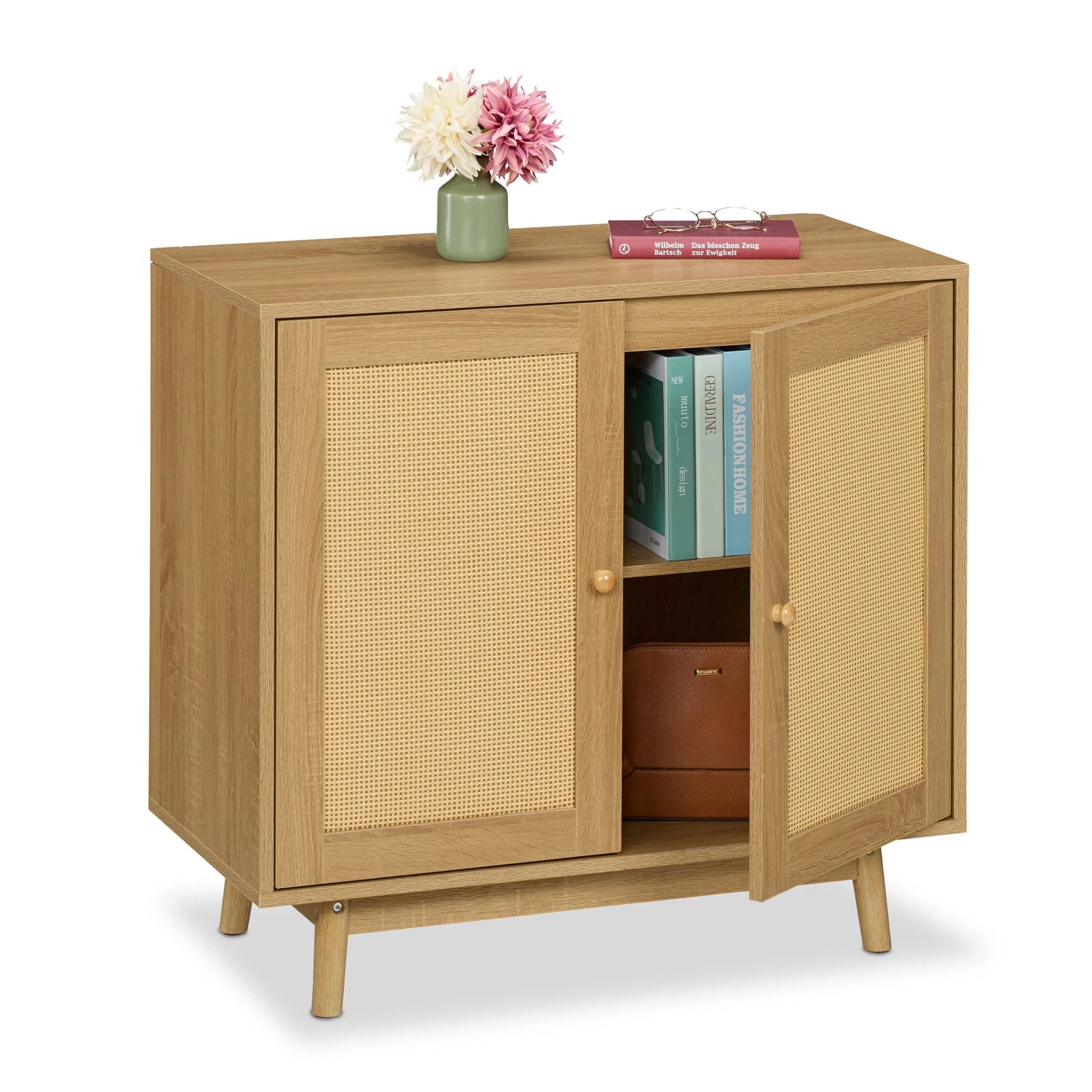 Relaxdays Sideboard MDF Natur Rattanoptik mit 2 Türen 75 cm x 80 cm x 40 cm
