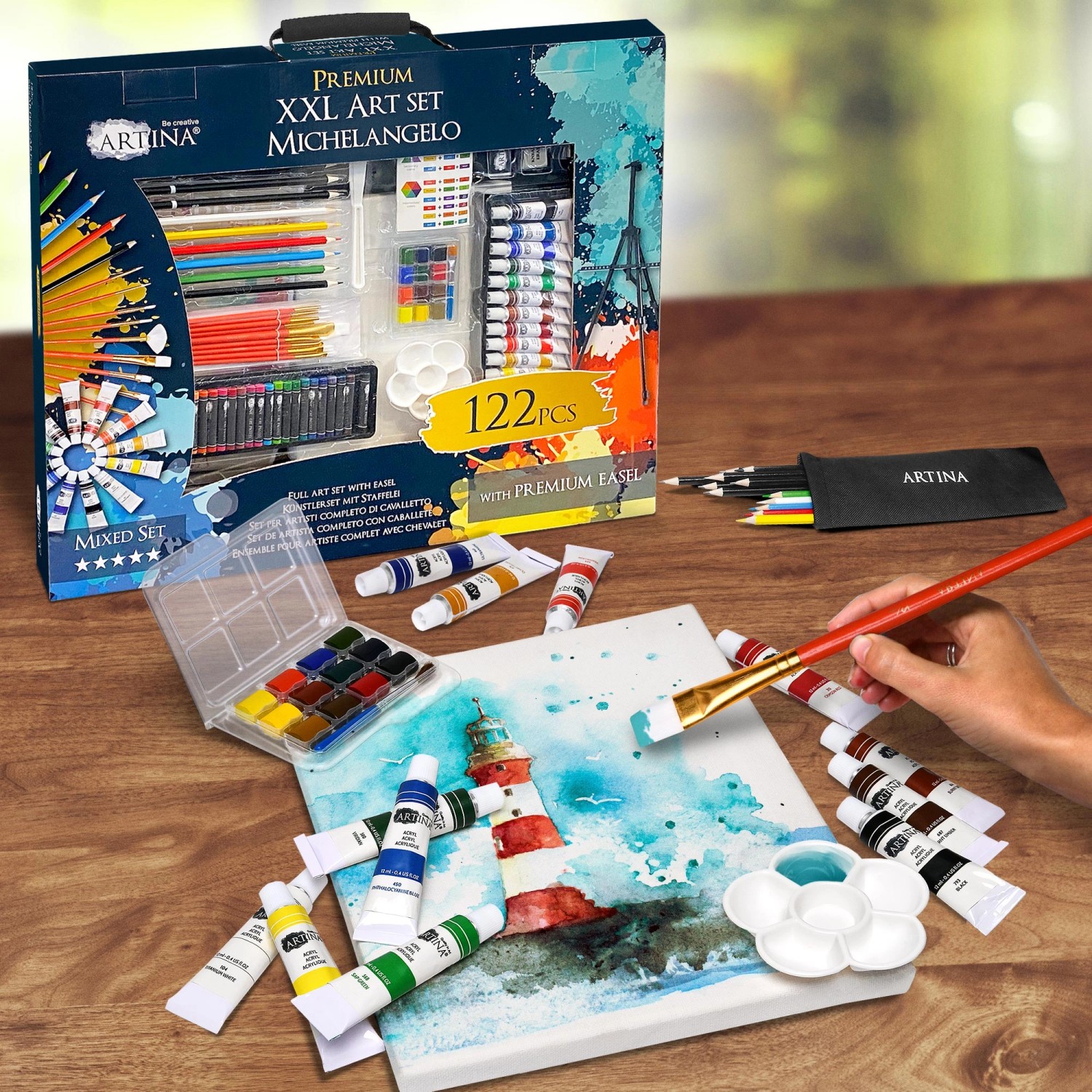 Artina Michelangelo Malset, 122-teilig mit Farben, Stiften, Staffelei und Zubehör.