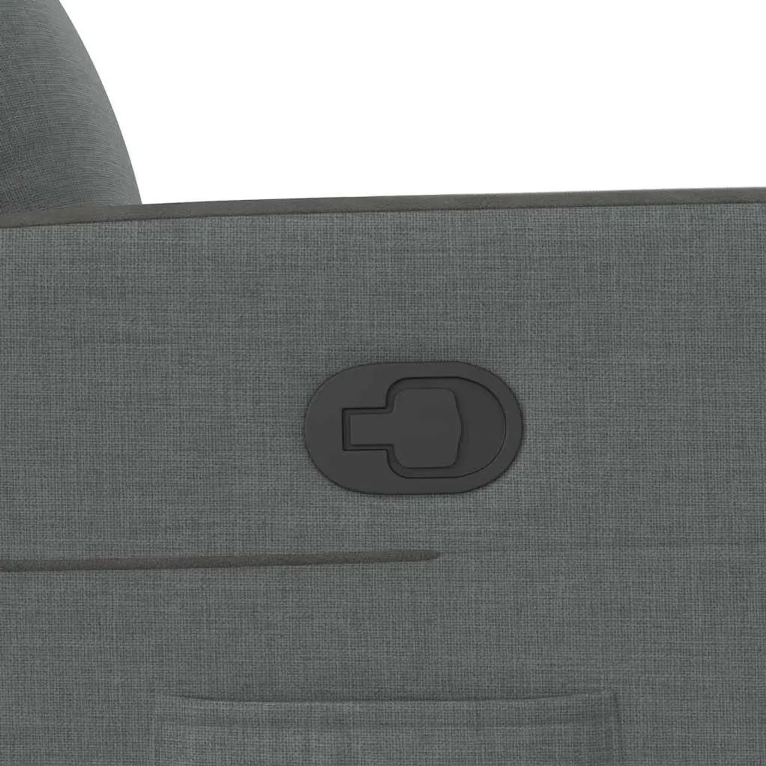 Detailansicht Relaxsessel mit Aufstehhilfe, dunkelgrauer Stoff, Bedienelement für Liegefunktion.