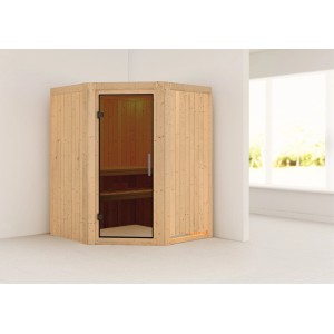 Karibu Sauna Lyra Natur, Elementsauna aus Fichte mit Glastür und zwei Liegen.