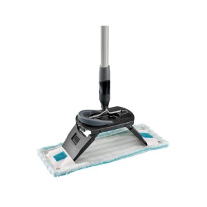 Leifheit CLEAN TWIST M Ergo Black Wischmoppkopf mit weiß-blauem micro duo Bezug und Teleskopstiel für Bodenreinigung.