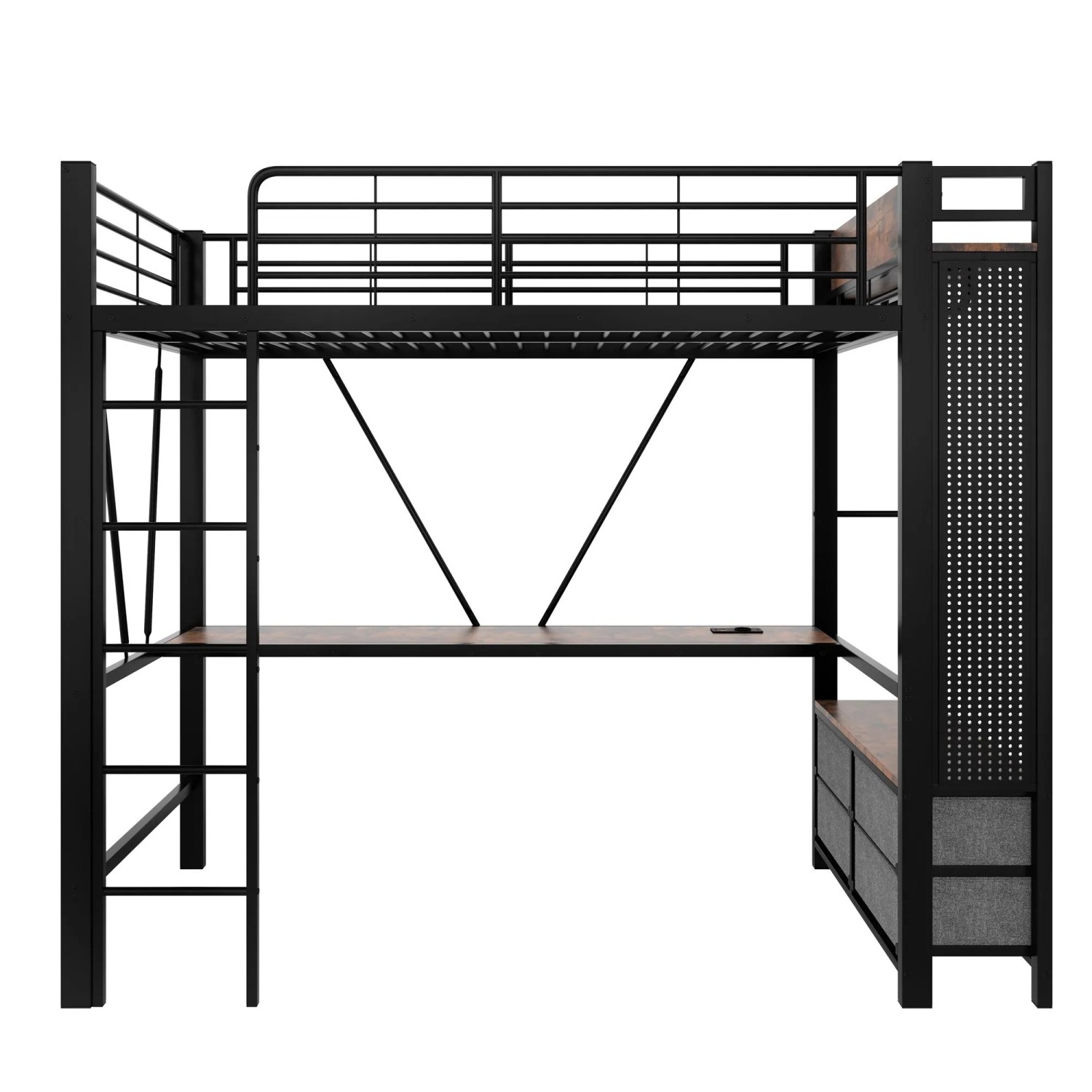 Merax Metall Hochbett 90x200 cm Mit Schreibtisch 4 Schubladen USB Typ C LED Schwarz
