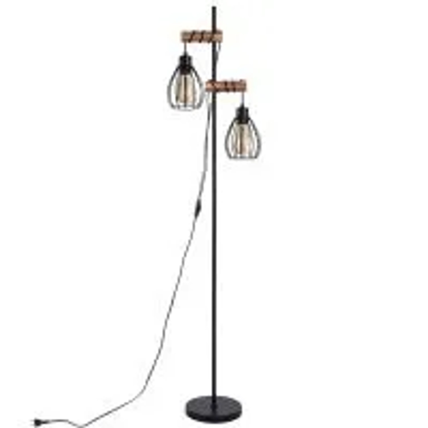 NETTLIFE Schwarze Wohnzimmer-Stehlampe Industrie-Design aus Holz und Metall E27 2-flammig mit Käfigschirm 152 CM Ohne Leuchtmittel