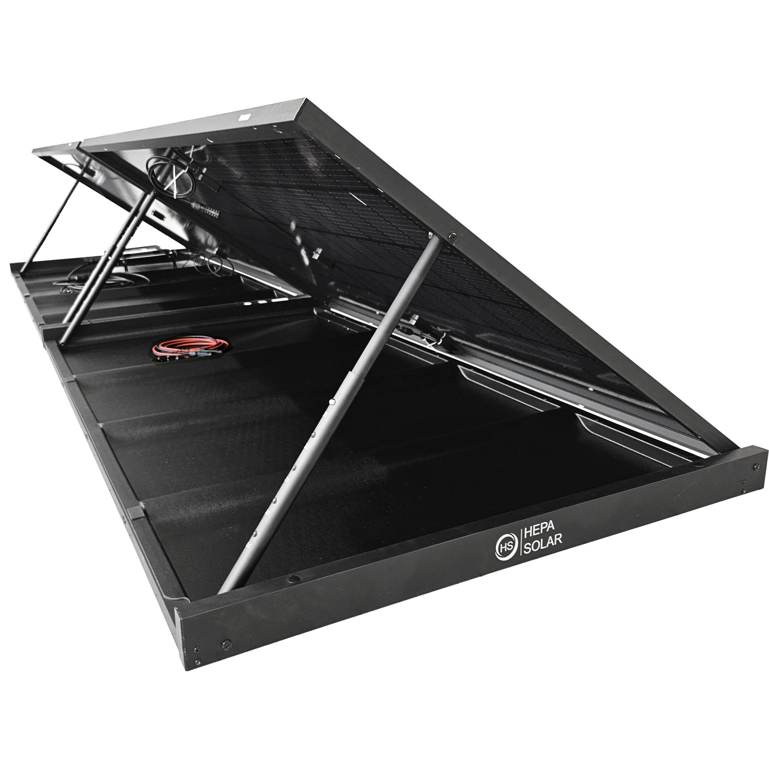 Hepa Solar Balkonkraftwerk Premium 800 mit aufklappbarem Rahmen und HJT-Glas-Glas-Panel.