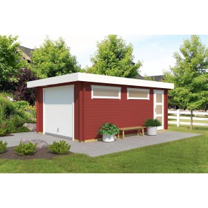 Lasita Garage Canberra, Schwedenrot, mit Schwingtor, seitlicher Tür und Milchglasfenstern.