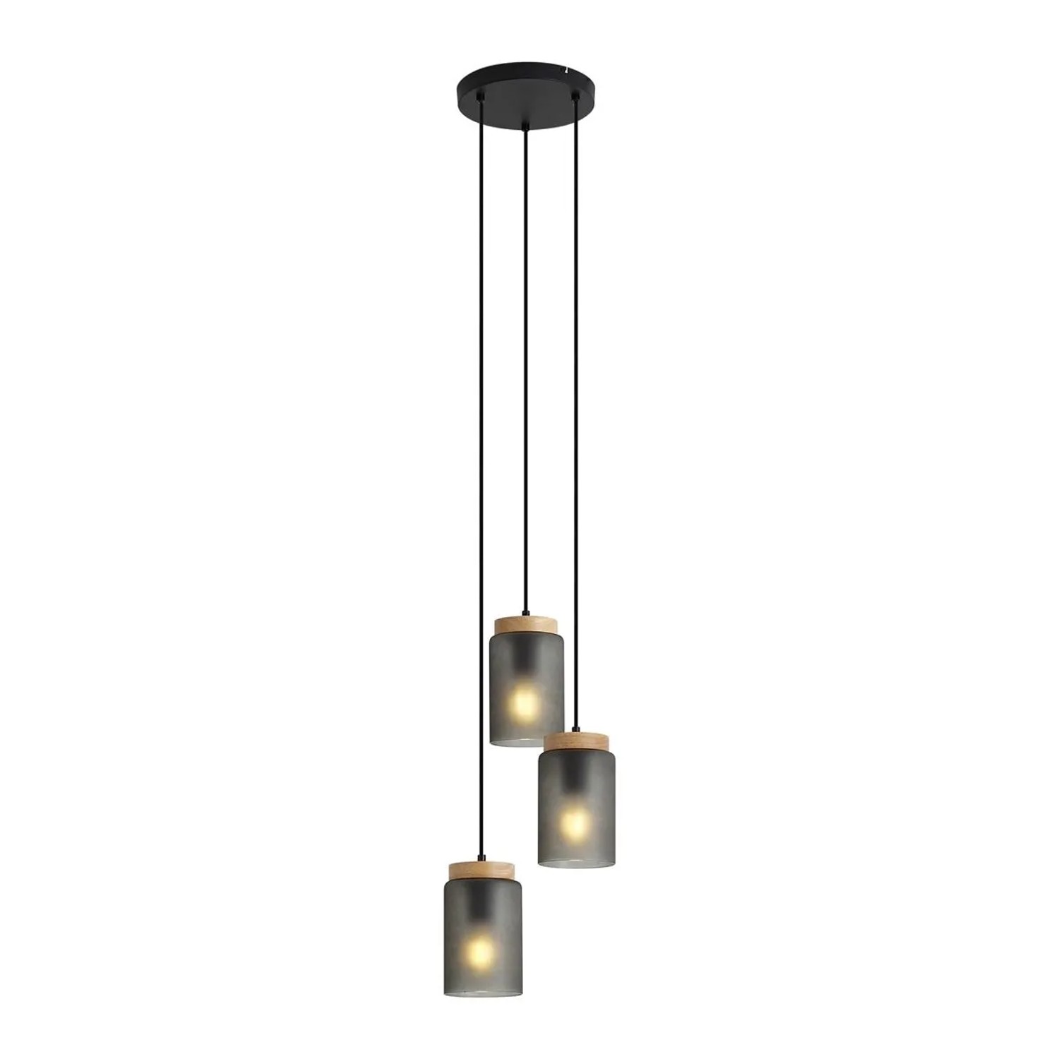 QAZQA Moderne Hängelampe Schwarz mit Holz und MattGrauem Glas 3 Flammig Umbra