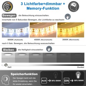 Aica Badspiegel: LED-Beleuchtung mit Farbwechsel (Kalt-, Neutral-, Warmweiß), Dimmfunktion und Memory-Funktion.