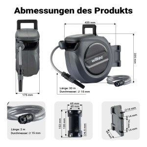 Xpotool Schlauchbox 30m mit Aufroll-Automatik, Wandhalterung und allen Maßen. Graue Gartenschlauchtrommel.