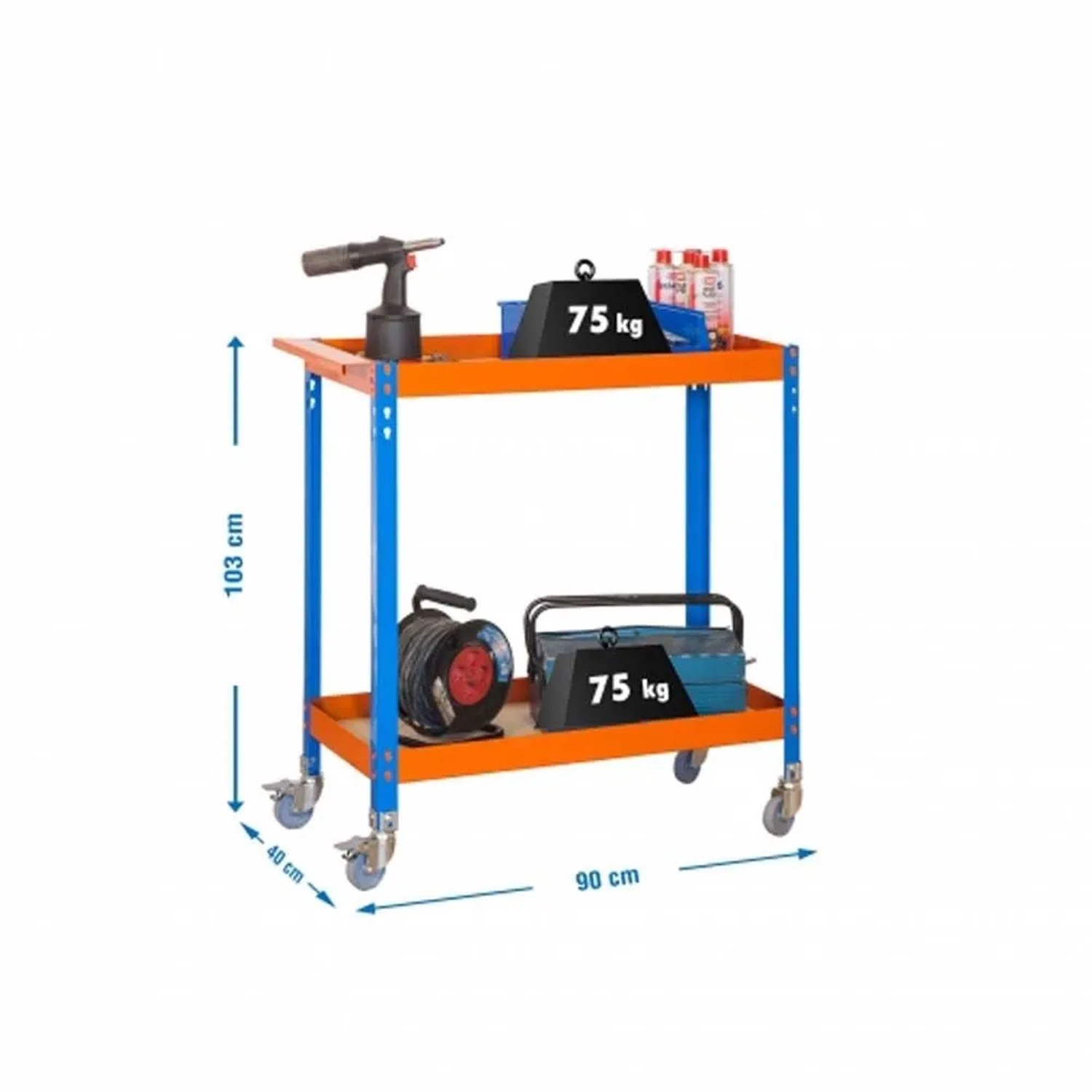 PROREGAL Montagewagen mit 2 Holzböden, blau-orange, 103x90x40 cm. Werkstattwagen mit Rollen.