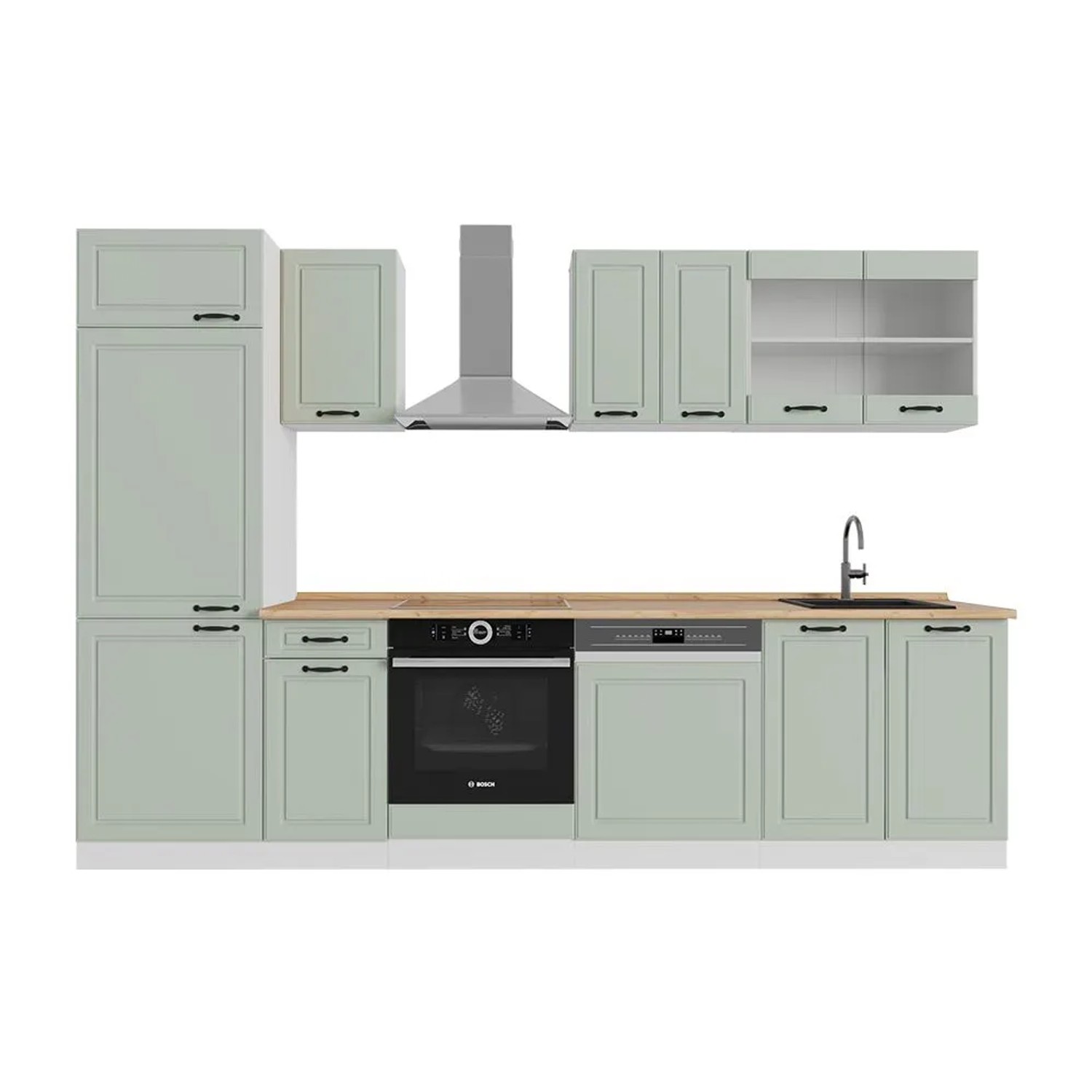 Vicco Küchenzeile R-Line Mint Landhaus/Weiß 300 x 207 Arbeitsplatte Goldkraft Eiche Art Nr 70891