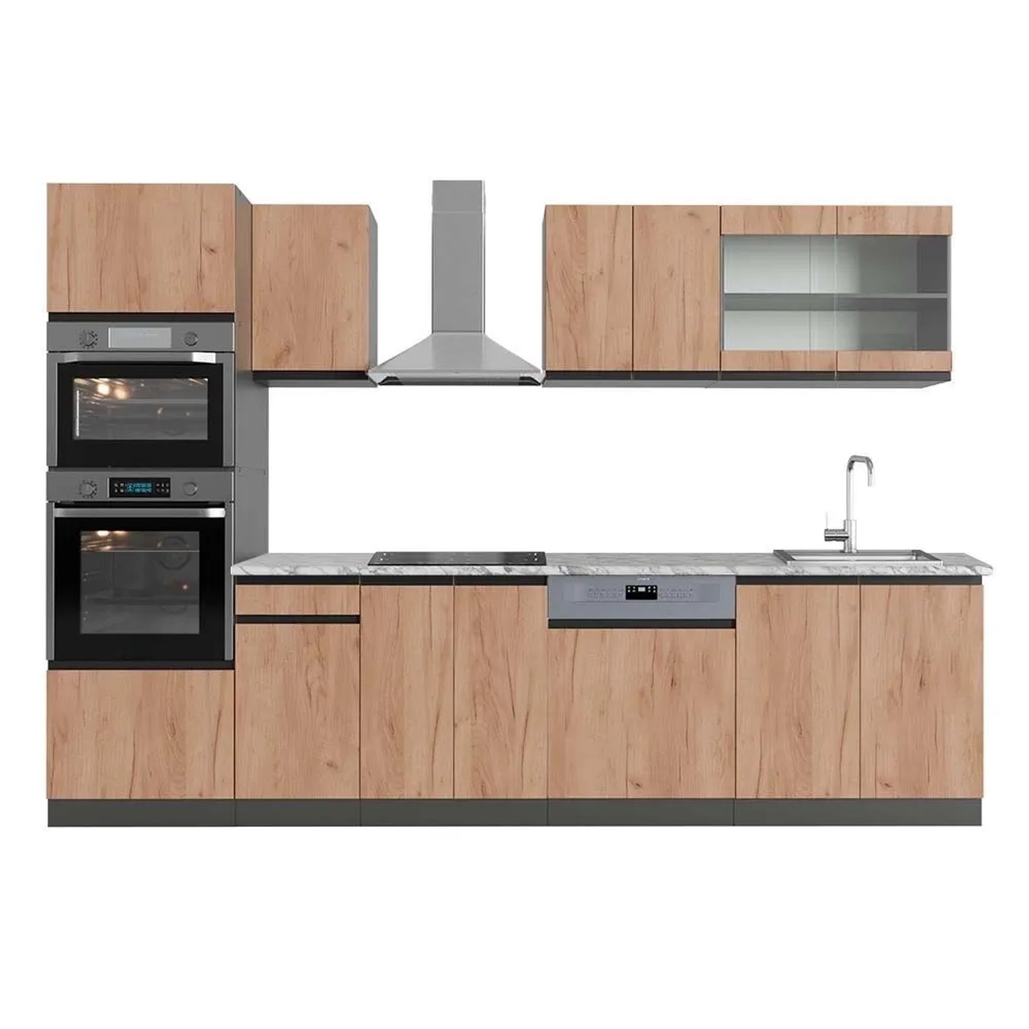 Vicco R-Line Küchenzeile Goldkraft Eiche Anthrazit 300 cm mit HochschrankAP Marmor ohne E-Geräte