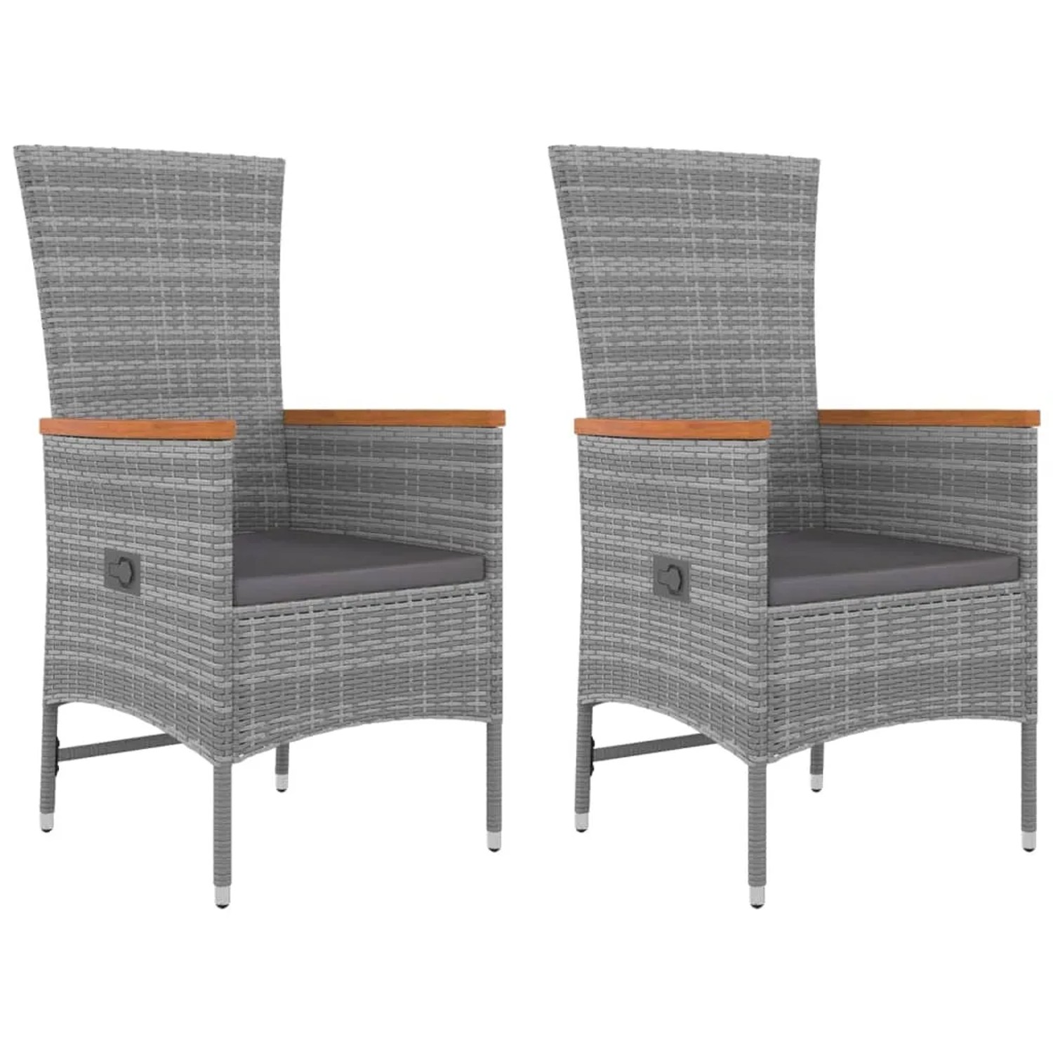Graues 3-tlg. Garten-Lounge-Set aus Rattan und Akazienholz, bestehend aus zwei Stühlen mit Kissen und einem Tisch.