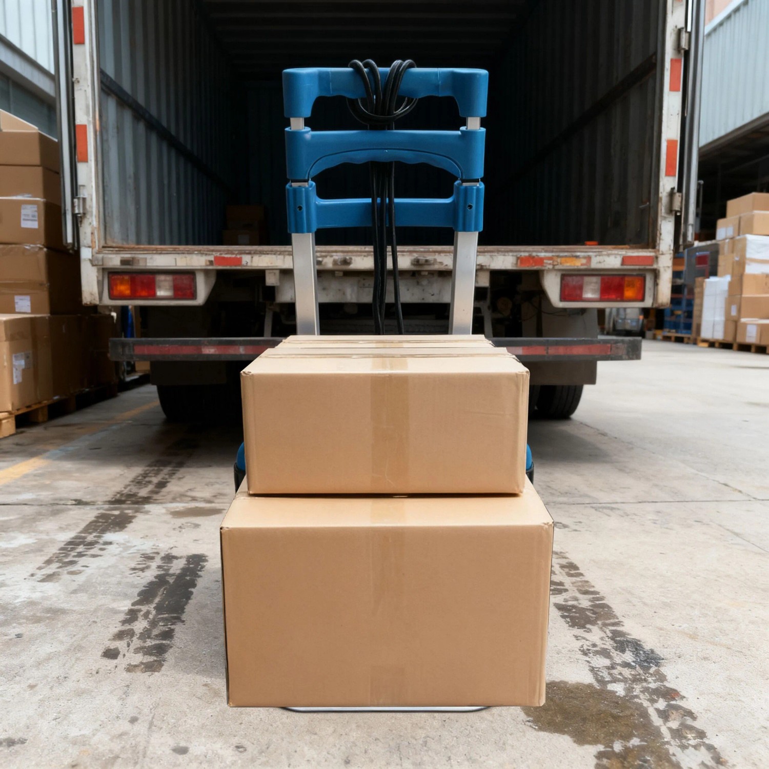 Blaue klappbare Stahl-Sackkarre mit zwei braunen Kartons, bereit zum Verladen in einen LKW. Max. 70 kg Tragkraft.