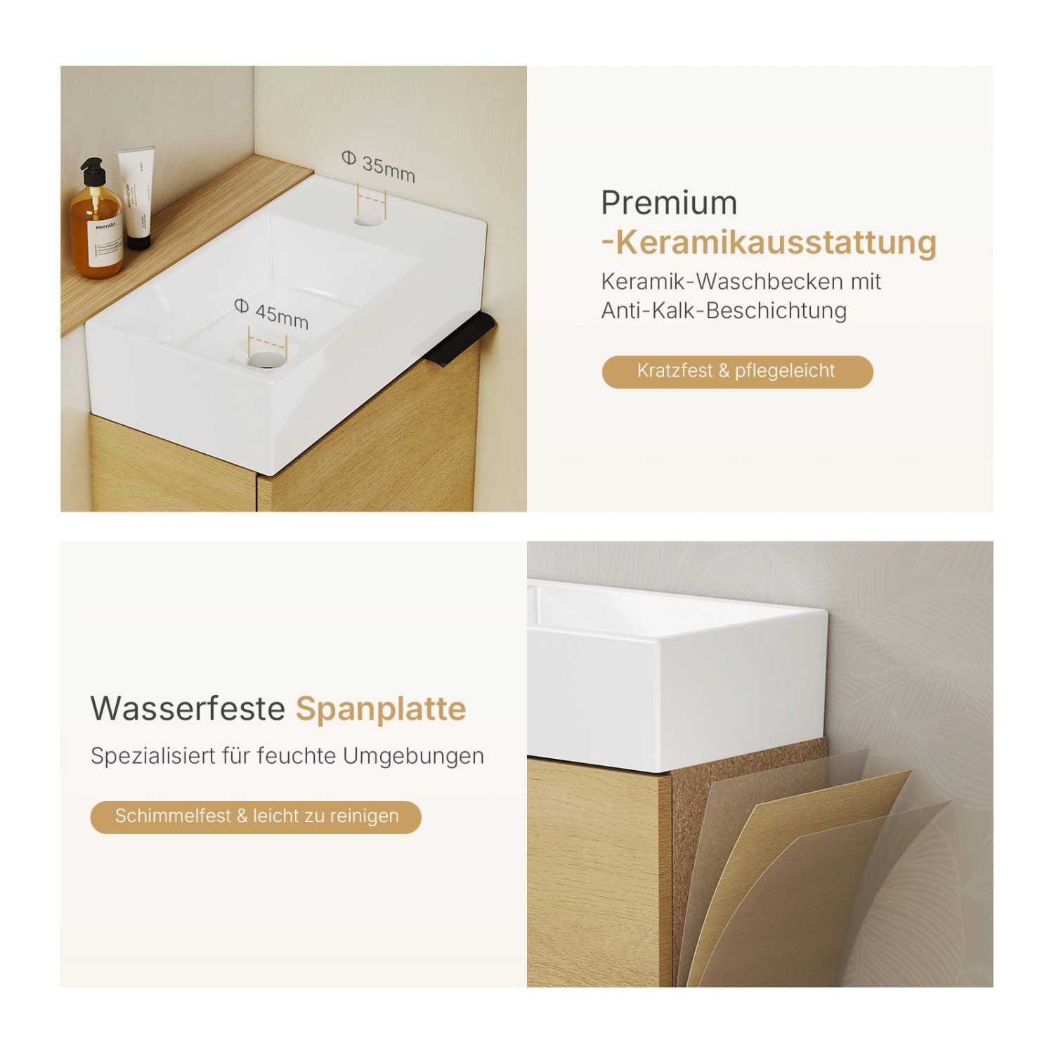 Emke Badezimmerschränke mit Keramikwaschbecken Waschbeckenunterschrank 41,7 × 24 × 64,6 cm Oak_3