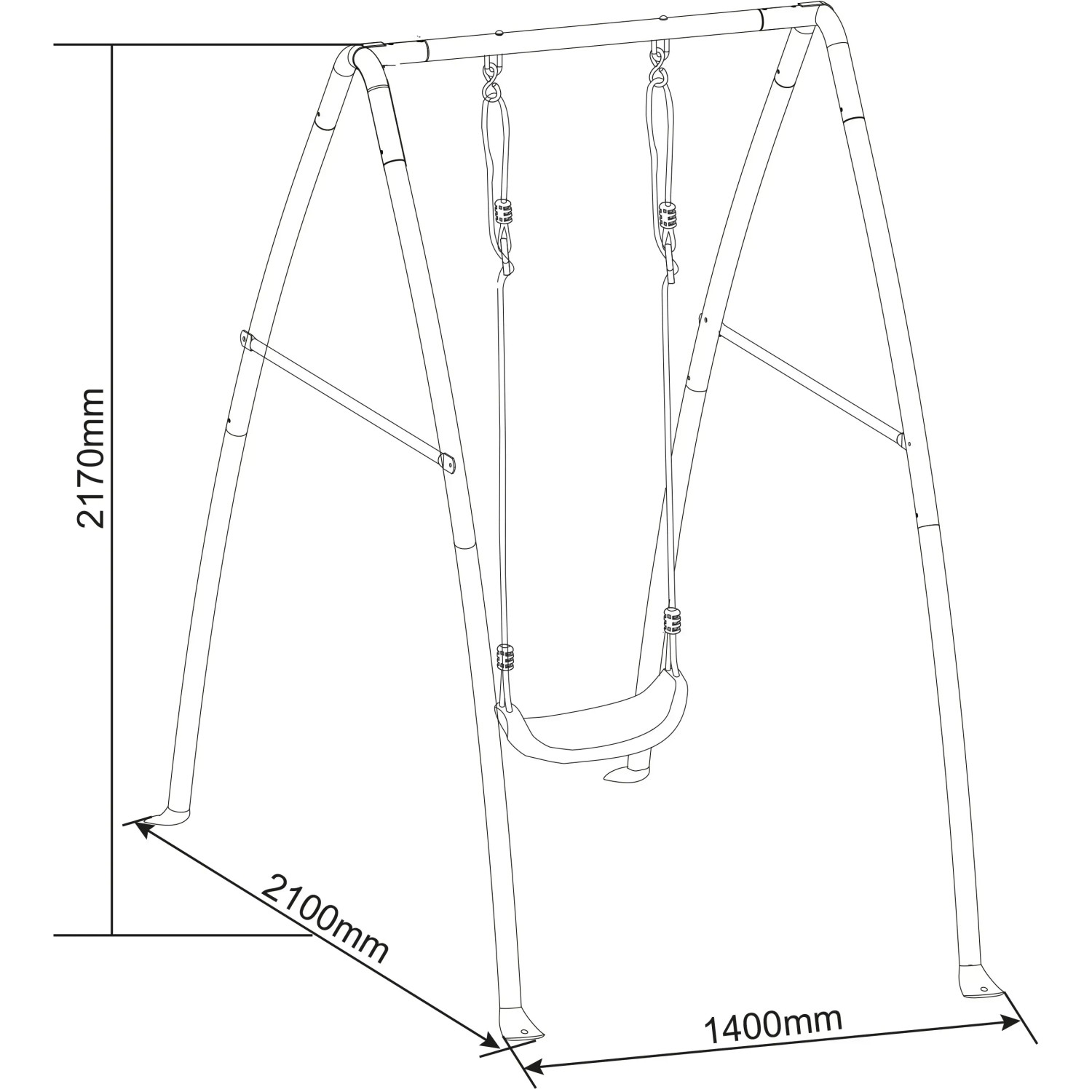 Skizze der AXI Einzel Metallschaukel mit Maßangaben, ideal für kleine Gärten.