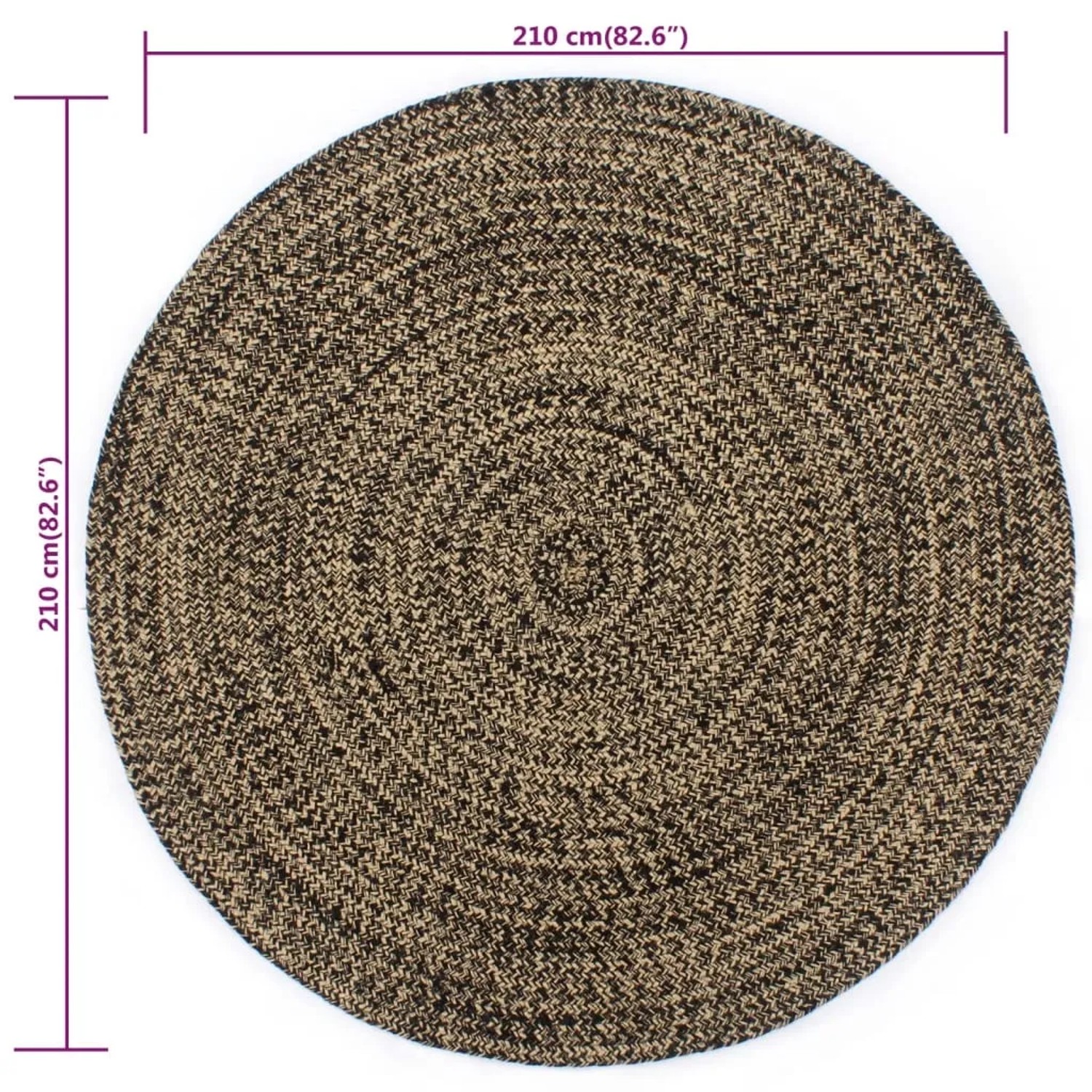 Runder, handgefertigter Jute Teppich in Schwarz und Braun, 210 cm Durchmesser.