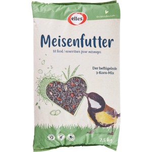 Sack Elles Wildvogel-Meisenfutter 3-Korn-Mix 2,5kg mit Meise und Herz aus Körnern.