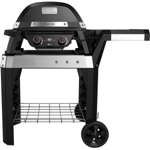 Schwarzer Weber Elektrogrill Pulse 2000 mit Rollwagen und Seitentisch.