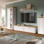 Weiße Landhaus Wohnwand Mirano 3-teilig: Vitrine, TV-Lowboard, Wandboard mit Eiche-Akzenten für Wohnzimmer.