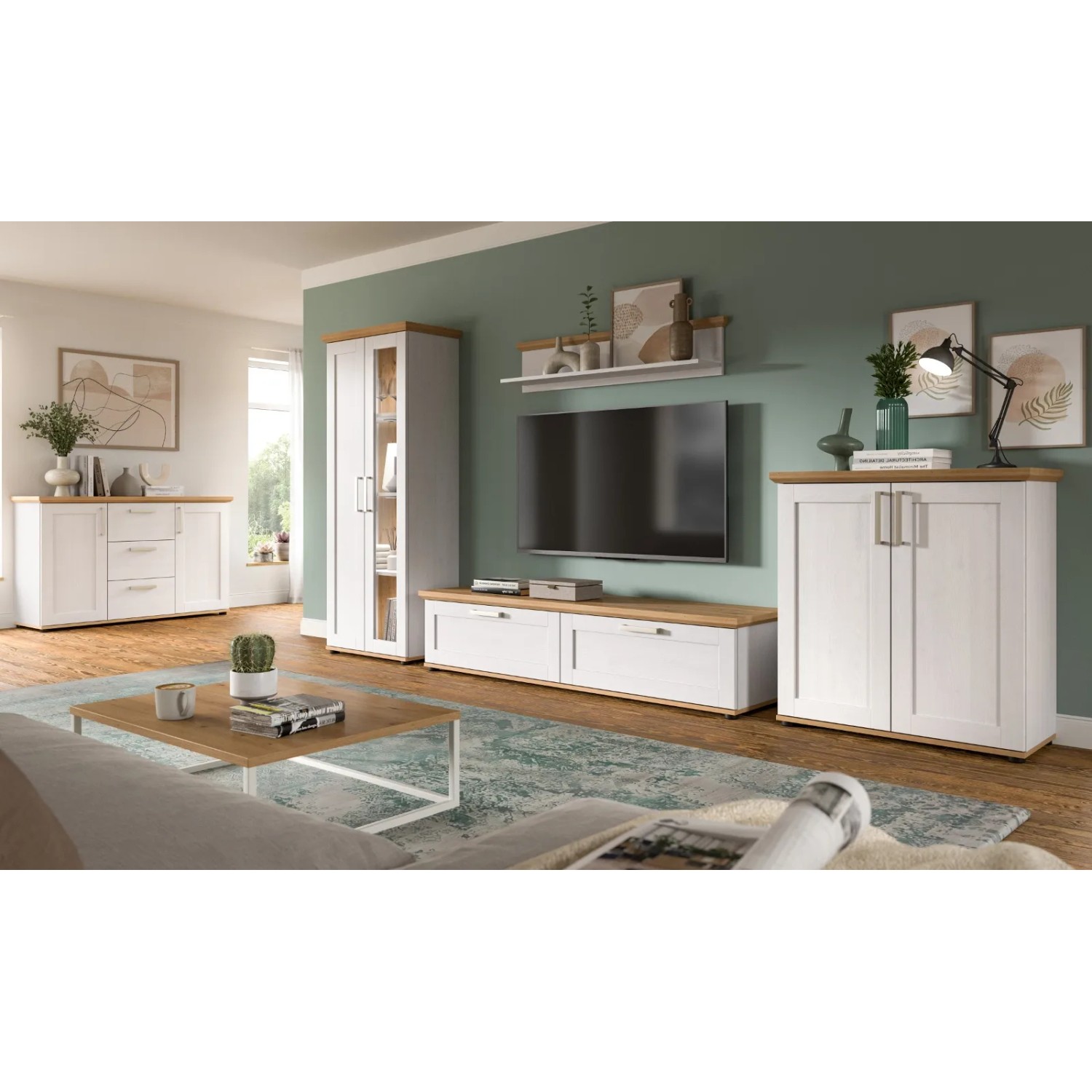 Weiße Landhaus Wohnwand Mirano 3-teilig: Vitrine, TV-Lowboard, Wandboard mit Eiche-Akzenten für Wohnzimmer.