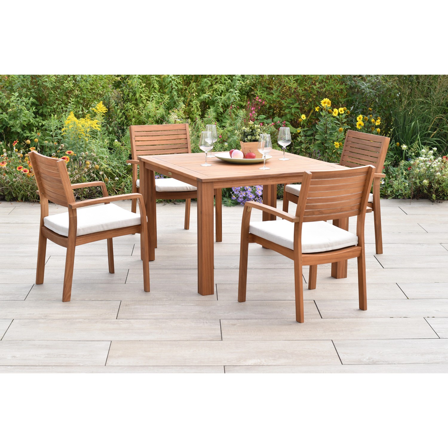 Merxx Batavia Set 9-tlg. 4 Stapelsessel 4 Auflagen Gartentisch 110x110 cm günstig online kaufen