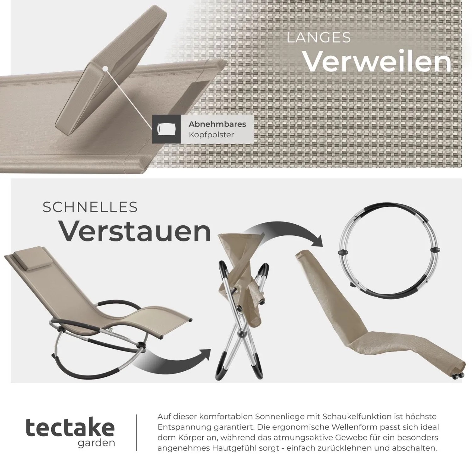 Tectake Sonnenliege Paulina Mit Textilene Ergonomisch  Atmungsaktiv  Widerstandsfähig und Faltbar  150 x 73 x 93 cm Beige_4