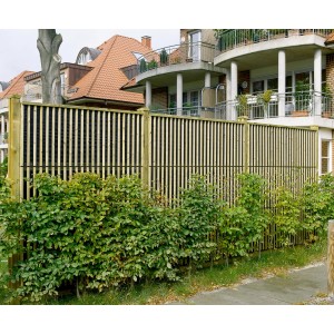 Forsdal Absorberelement Kiefer als Sichtschutzzaun vor Wohnhaus mit Bewuchs.