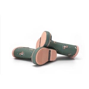 Grüne Blossom Kinder Gummistiefel mit rosa Sohlen und farbigem Muster, aus Kautschuk, für Gartenbekleidung.
