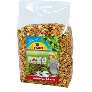 JR Farm Großsittich-Schmaus 1kg, Alleinfutter für Großsittiche im transparenten Beutel.