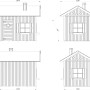 Technische Zeichnung Palmako Spielhaus Grete mit Maßen, Ansichten von allen Seiten.