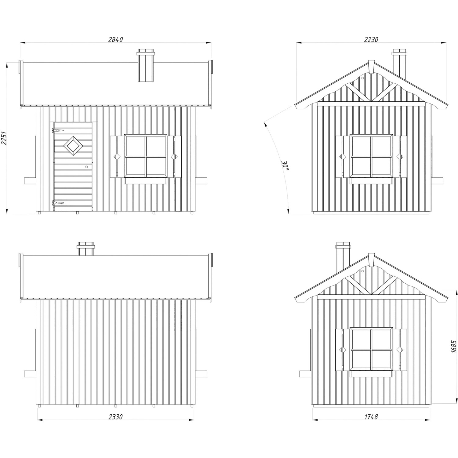 Technische Zeichnung Palmako Spielhaus Grete mit Maßen, Ansichten von allen Seiten.