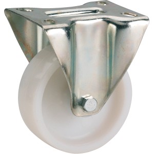 Transport-Bockrolle, Ø 125 mm, aus verzinktem Stahl mit weißem Polyamid-Rad.