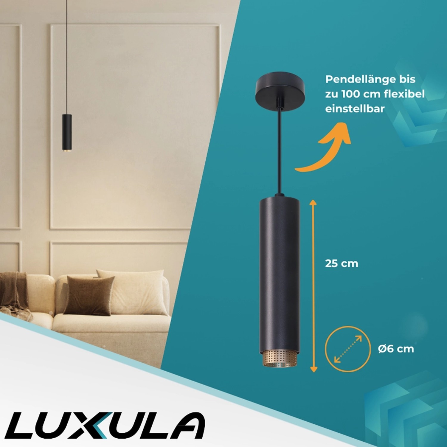 Moderne LUXULA Hängelampe in Schwarz/Gold. Zylinder Design, E27 Fassung, max. 35W. Ideal für Wohn- und Esszimmer.