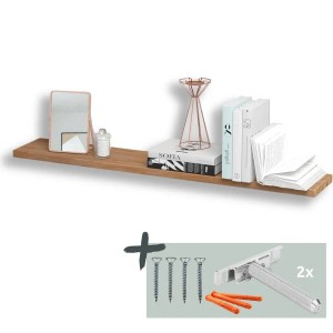 Holz4home Wandregal aus Eiche, 120cm, ohne Baumkante, Natur, mit Deko und Montagezubehör.