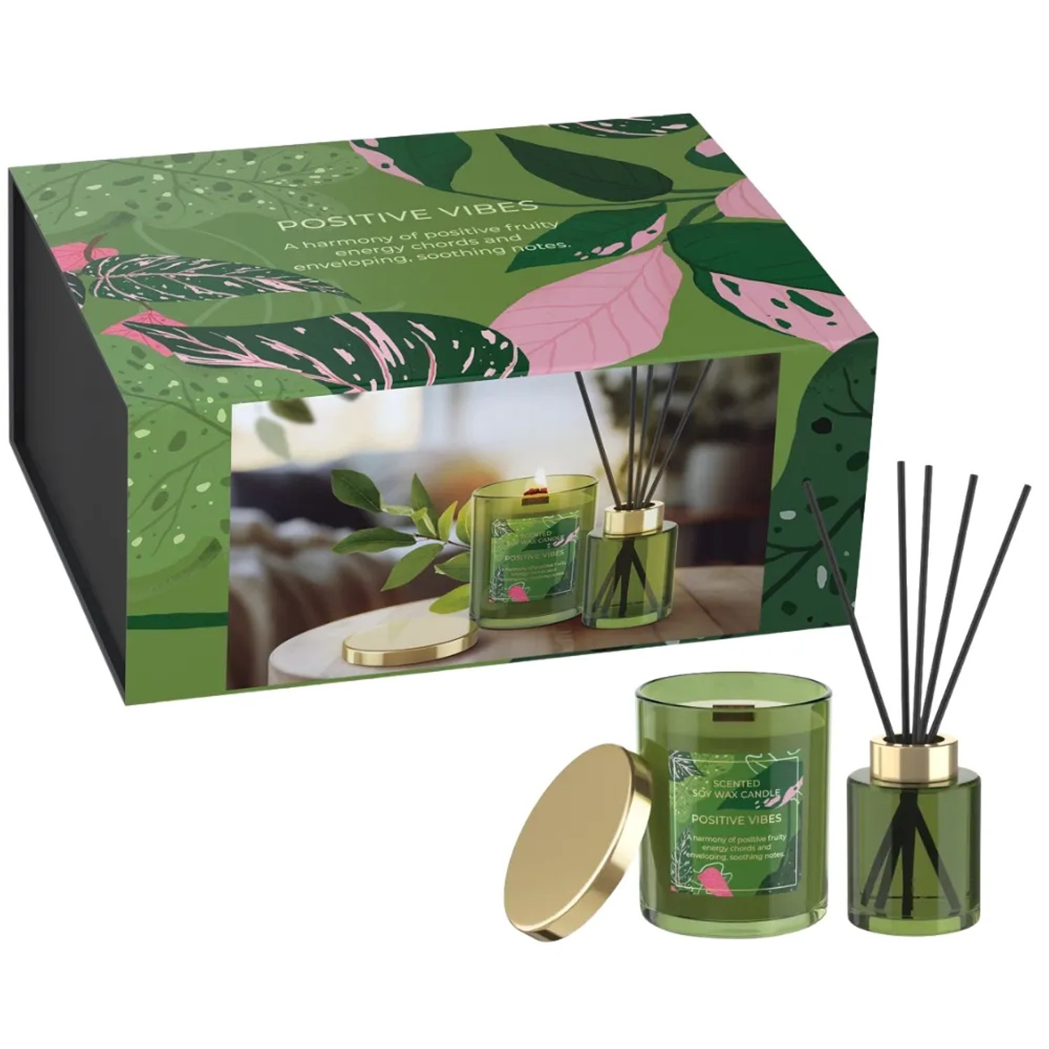 Dekohelden24 Hochwertiges Geschenk aus Duftkerze und Diffuser Mitarbeitergeschenkset Geschenkset für Frauen Positive Vibes L/B/H 23 x 17 x 10 cm