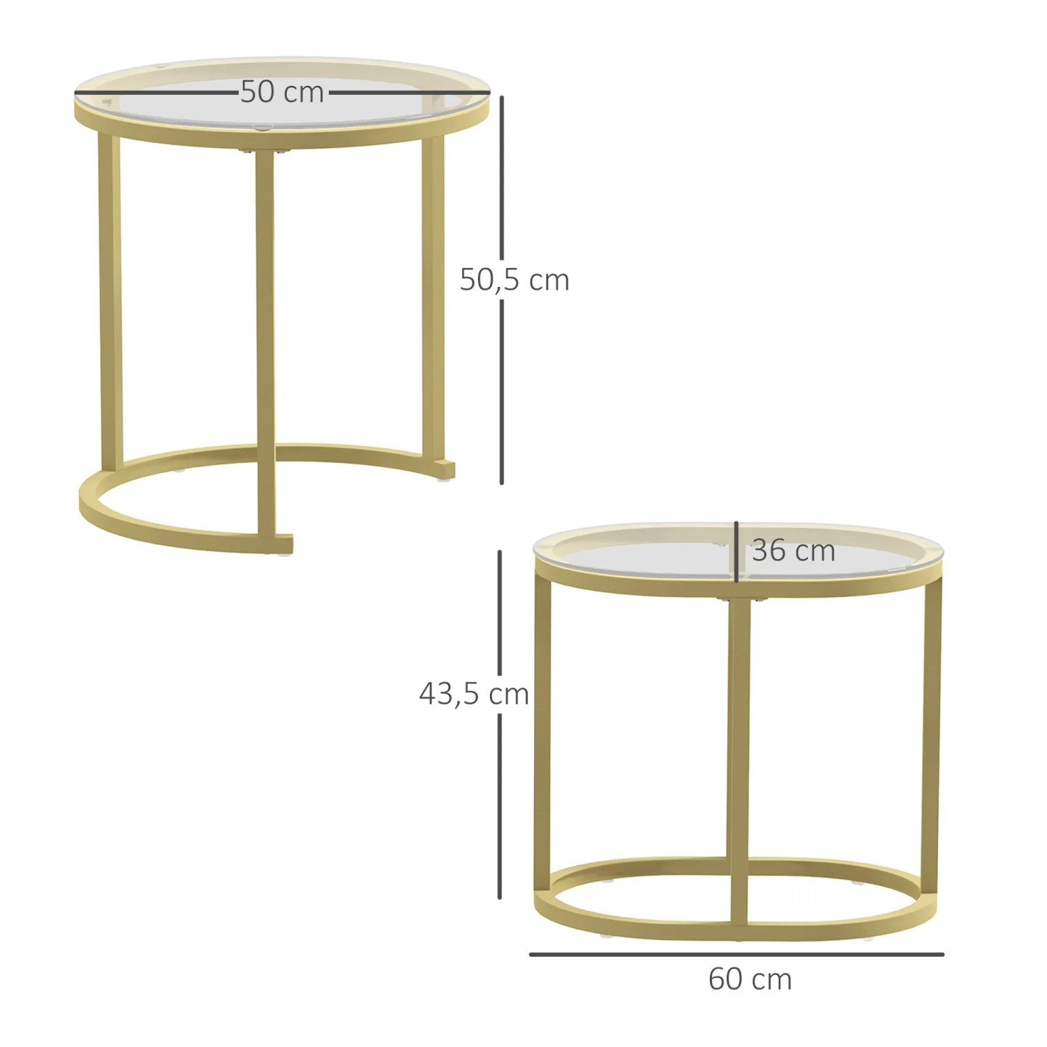 HOMCOM Couchtisch-Set, 2er, Stahl/Hartglas, goldfarben, runde und ovale Form.