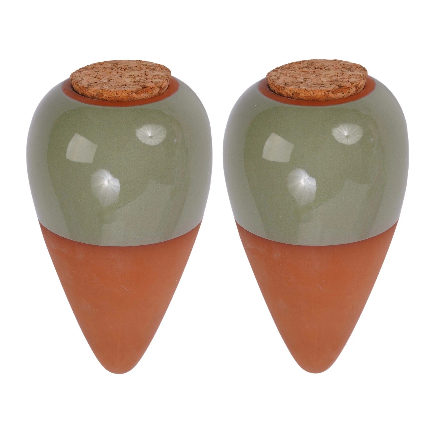 Relaxdays Bewässerungskegel Keramik Salbei 2er Set mit Korkdeckel 16 cm x 8 cm 350 ml