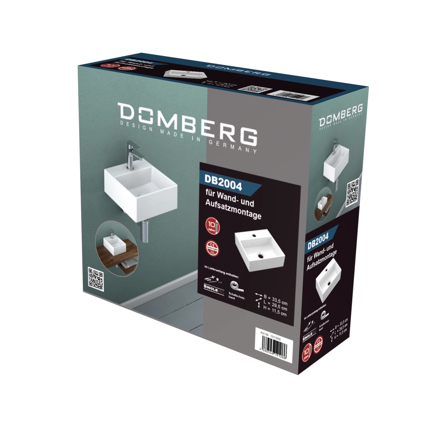 Verpackung Domberg Waschbecken DB2004, 33,5x29,5 cm, weiß, für Gäste-WC, Wand- und Aufsatzmontage.